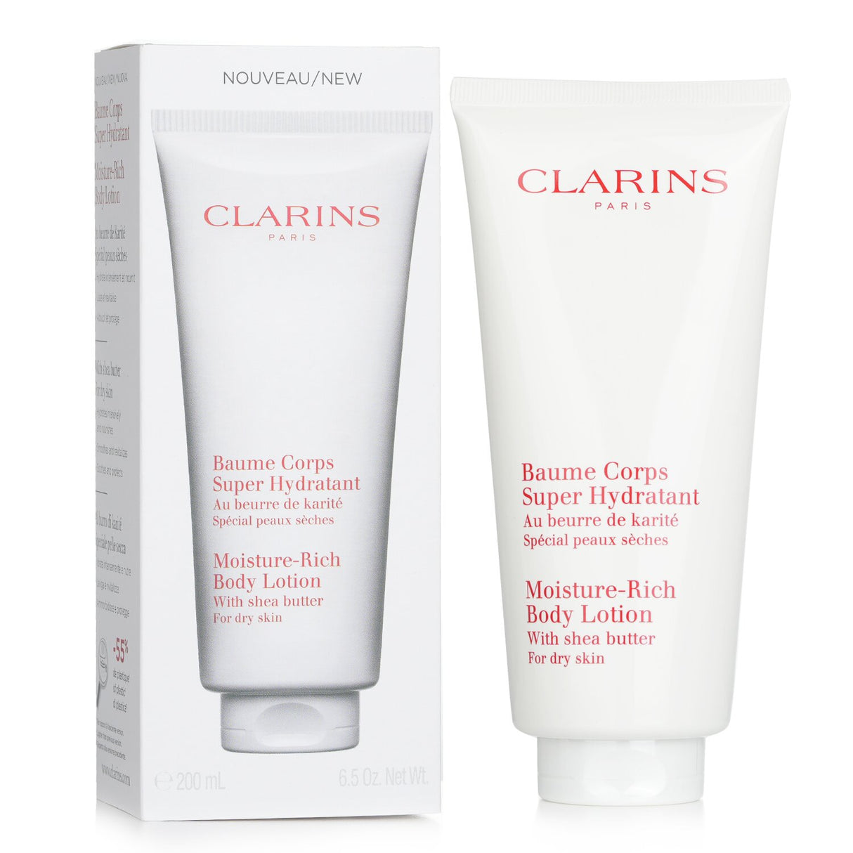 Clarins Moisture Rich Body Lotion with Shea Butter, 200ml, hydrates and nourishes dry skin, leaving it soft and radiant.