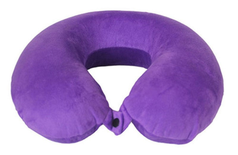 Purple memory foam neck pillow offering ergonomic support, soft velour cover, and removable for easy cleaning. Perfect for travel.