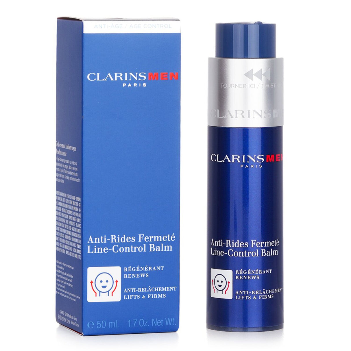 Clarins Men Line-Control Balm in a sleek 50ml jar, designed for firming and uplifting men's skin, reducing fine lines.