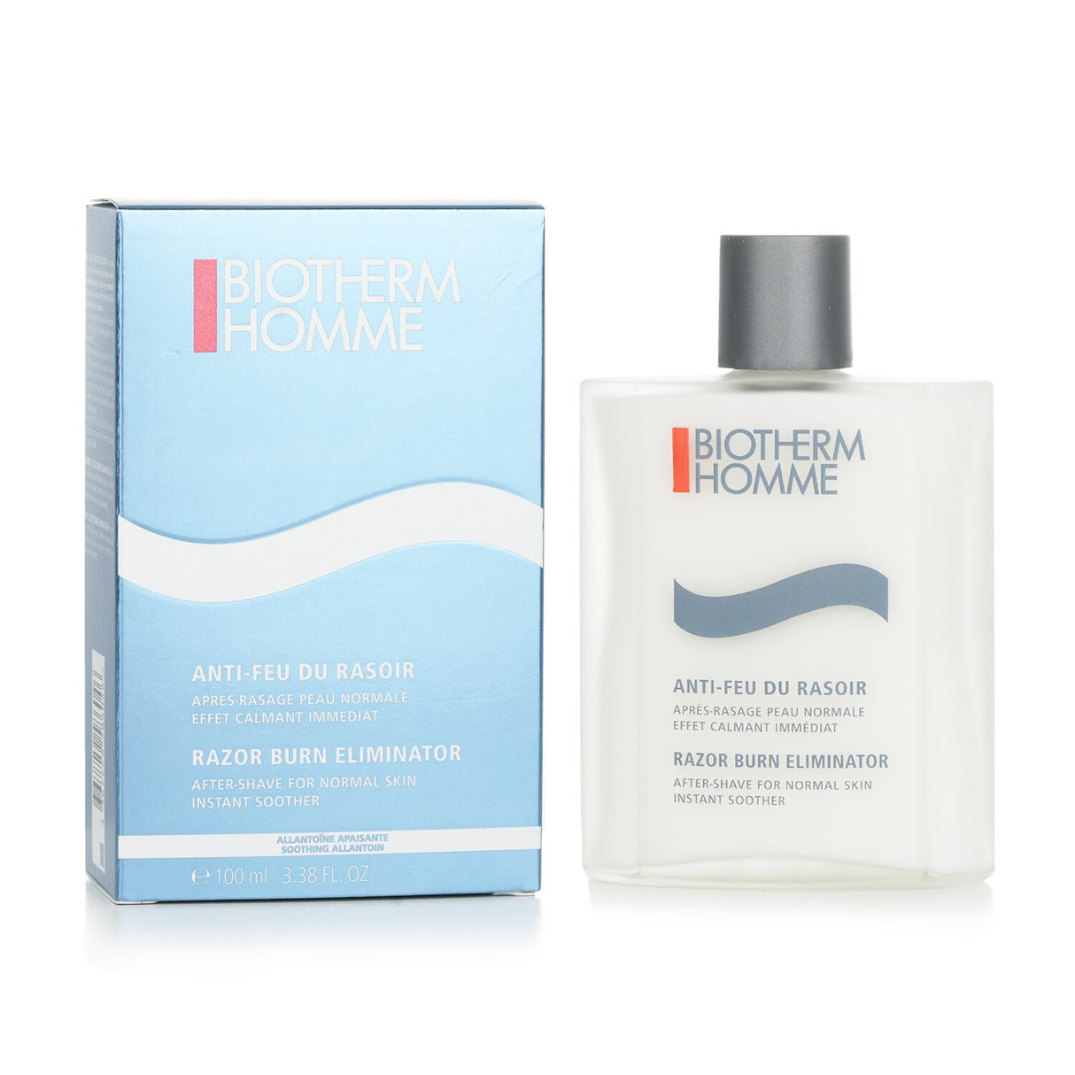 Biotherm Homme Razor Burn Eliminator in sleek 100ml bottle, soothes and hydrates irritated skin after shaving.