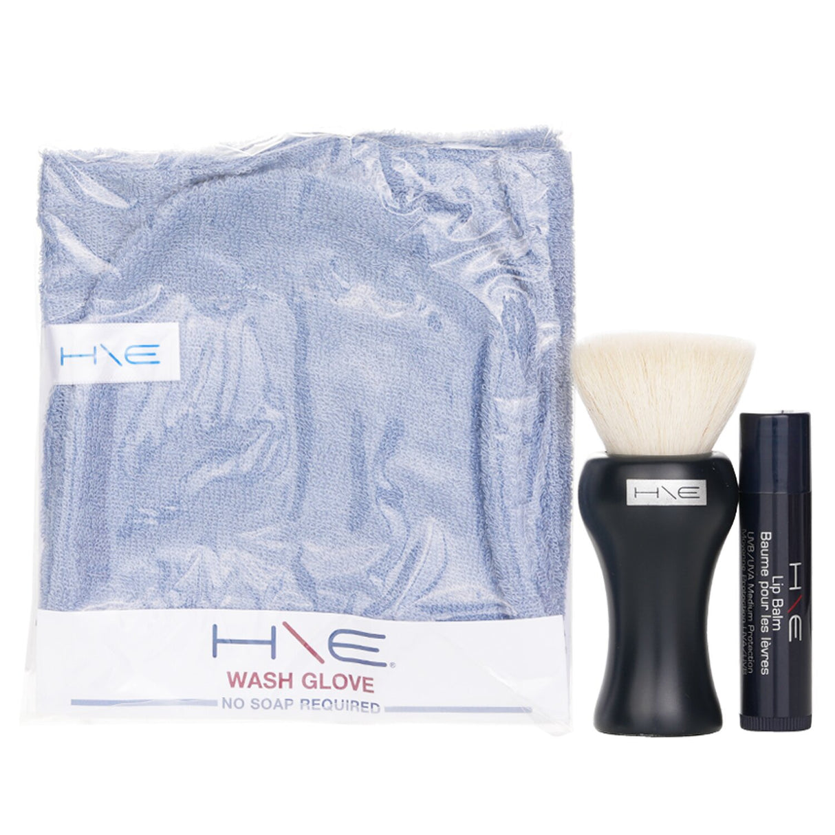 "Jane Iredale H\E Minerals Kit featuring Lip Balm SPF 15, Facial Brush, Wash Glove, and stylish Bag for skincare and beauty."