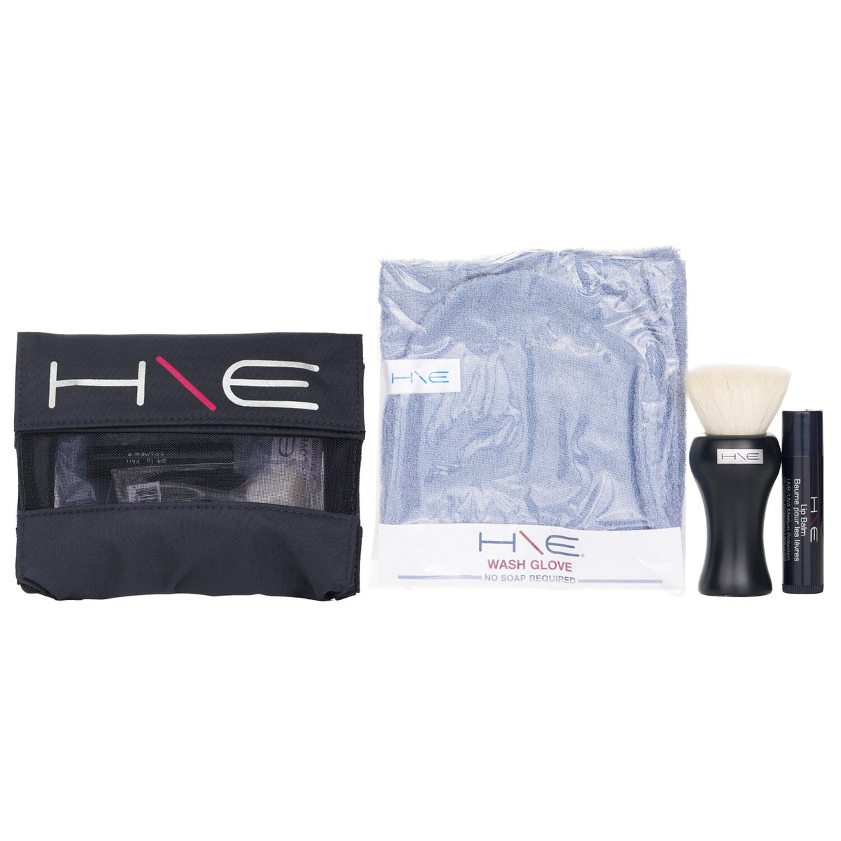 Jane Iredale H\E Minerals Kit featuring Lip Balm SPF 15, Facial Brush, Wash Glove, and stylish bag for skincare and beauty.