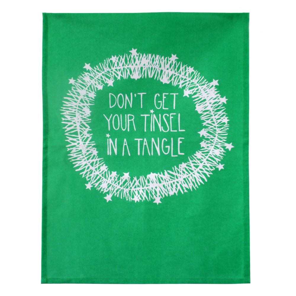 Christmas tea towel featuring a festive Tinsel Tangle design, perfect for drying dishes and kitchen decor.