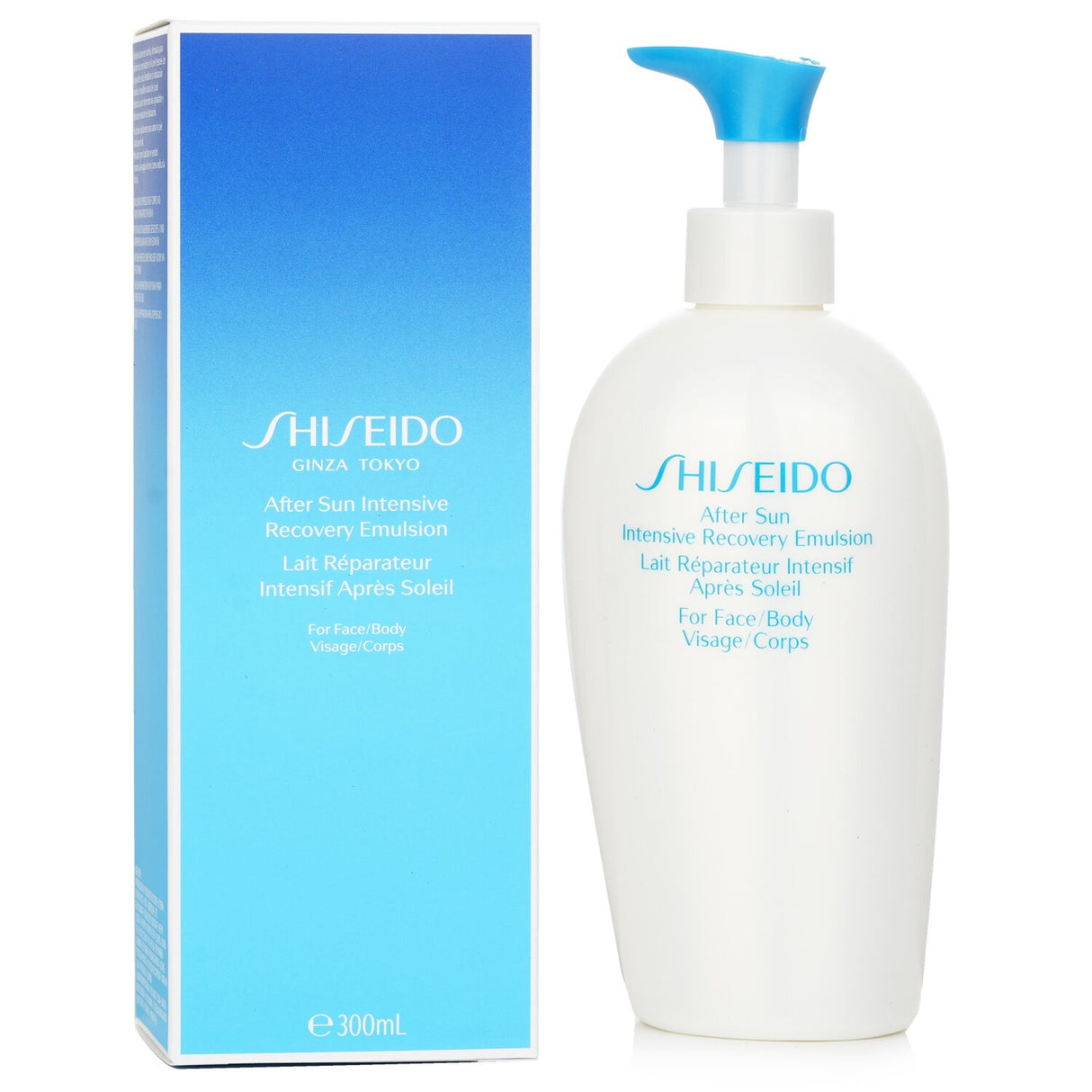 Shiseido After Sun Intensive Recovery Emulsion in 300ml, nourishes, repairs skin, and prolongs tan after sun exposure.
