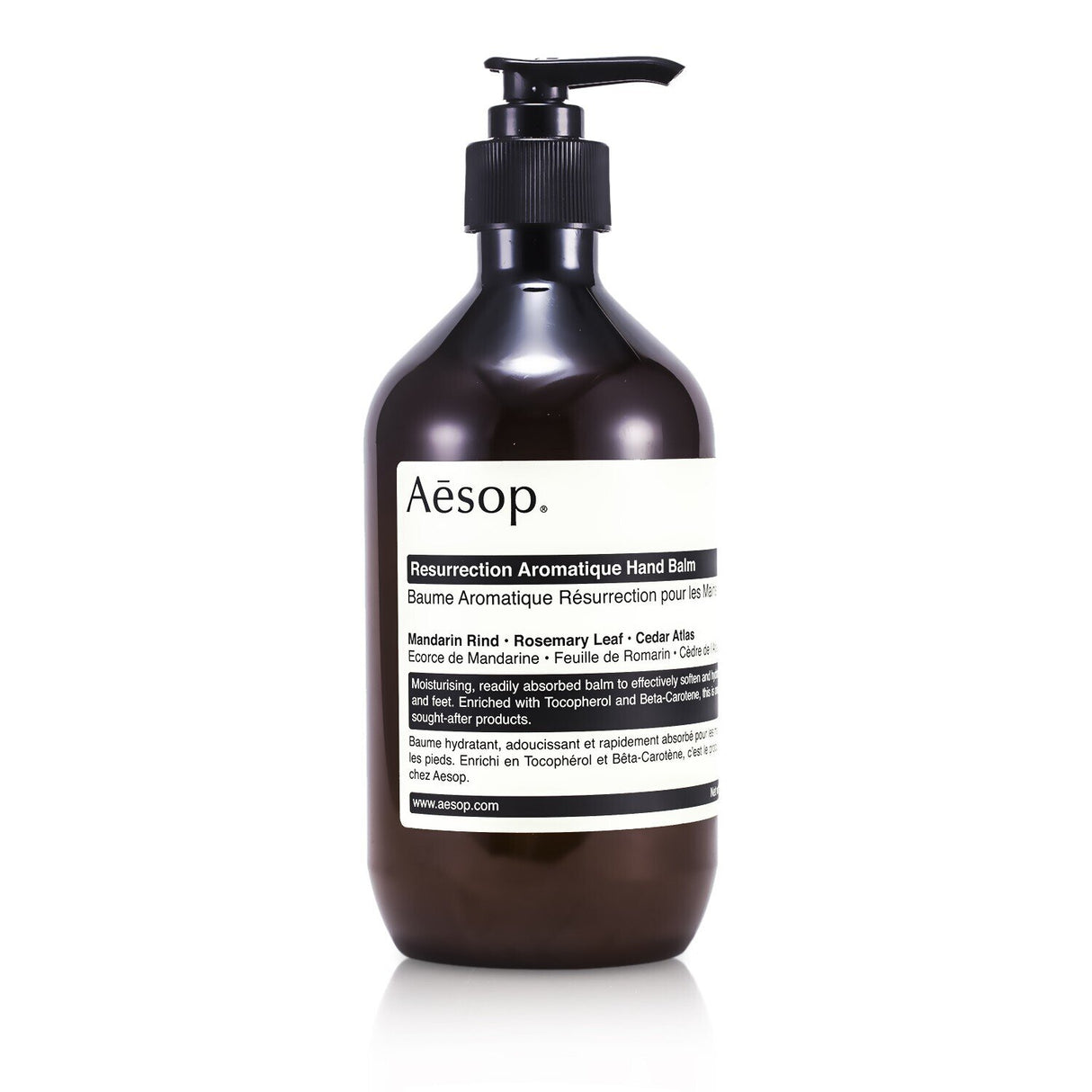 Aesop Resurrection Aromatique Hand Balm in 500ml; deeply hydrates and rejuvenates dry hands, cuticles, and rough skin.
