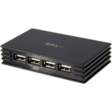4 Port USB 2.0 Hub connecting multiple devices with sleek black design, includes 3ft cable for easy setup.