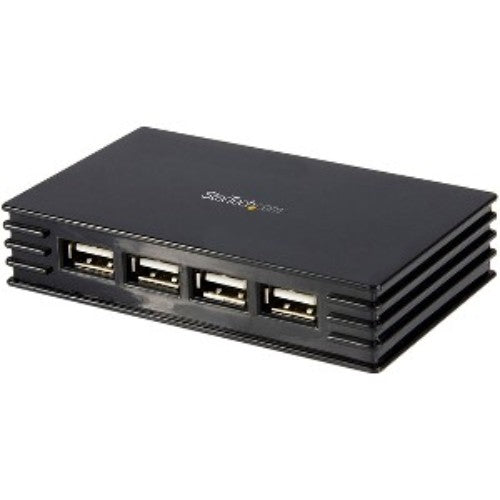 4 Port USB 2.0 Hub connecting multiple devices with sleek black design, includes 3ft cable for easy setup.