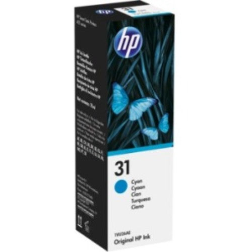 Original HP cyan ink bottle (70ml) for high-volume printing, ensuring vibrant colors and sharp details with easy installation.