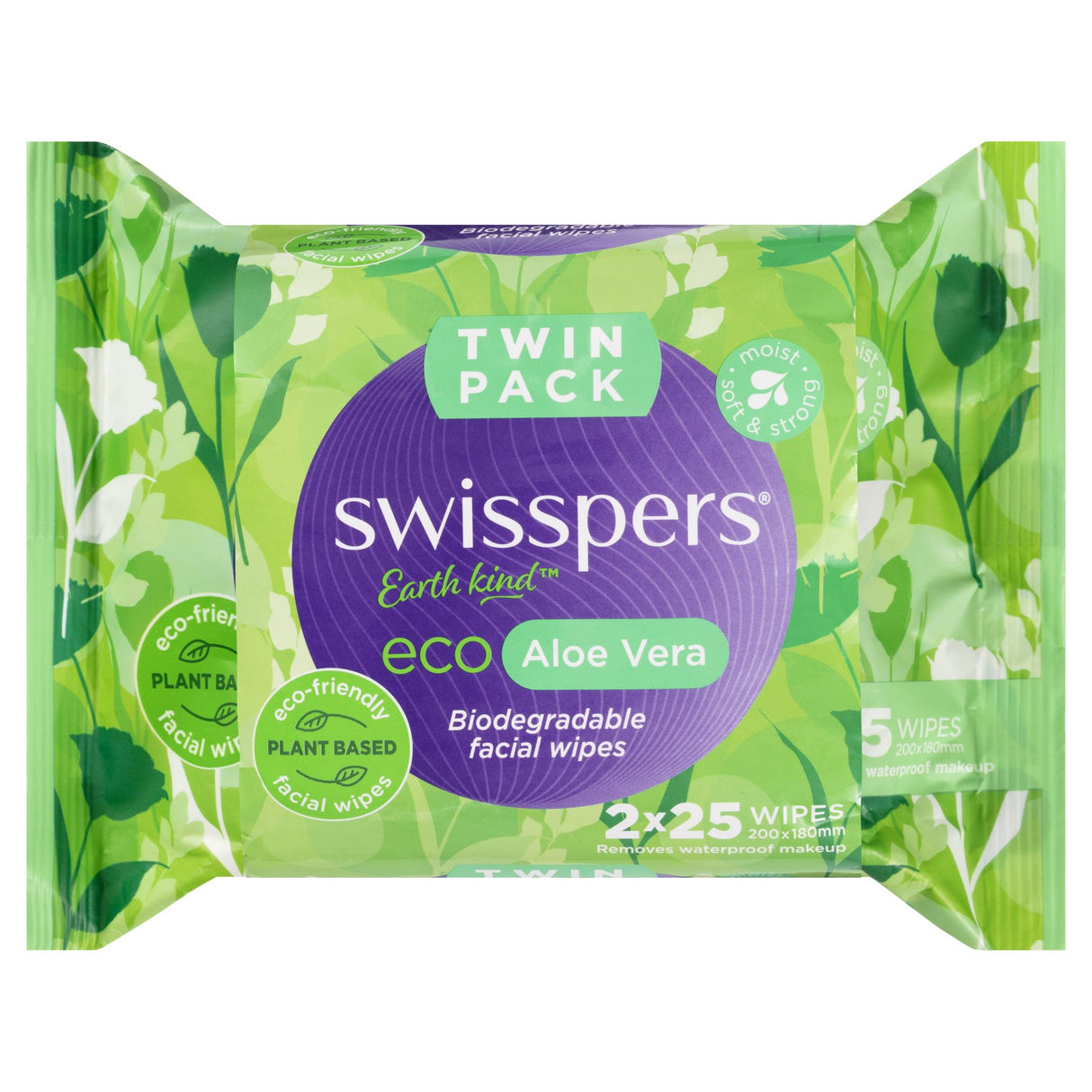Eco-friendly Swisspers Aloe Vera Biodegradable Facial Wipes in twin pack, soothing for all skin types, 98% natural ingredients.