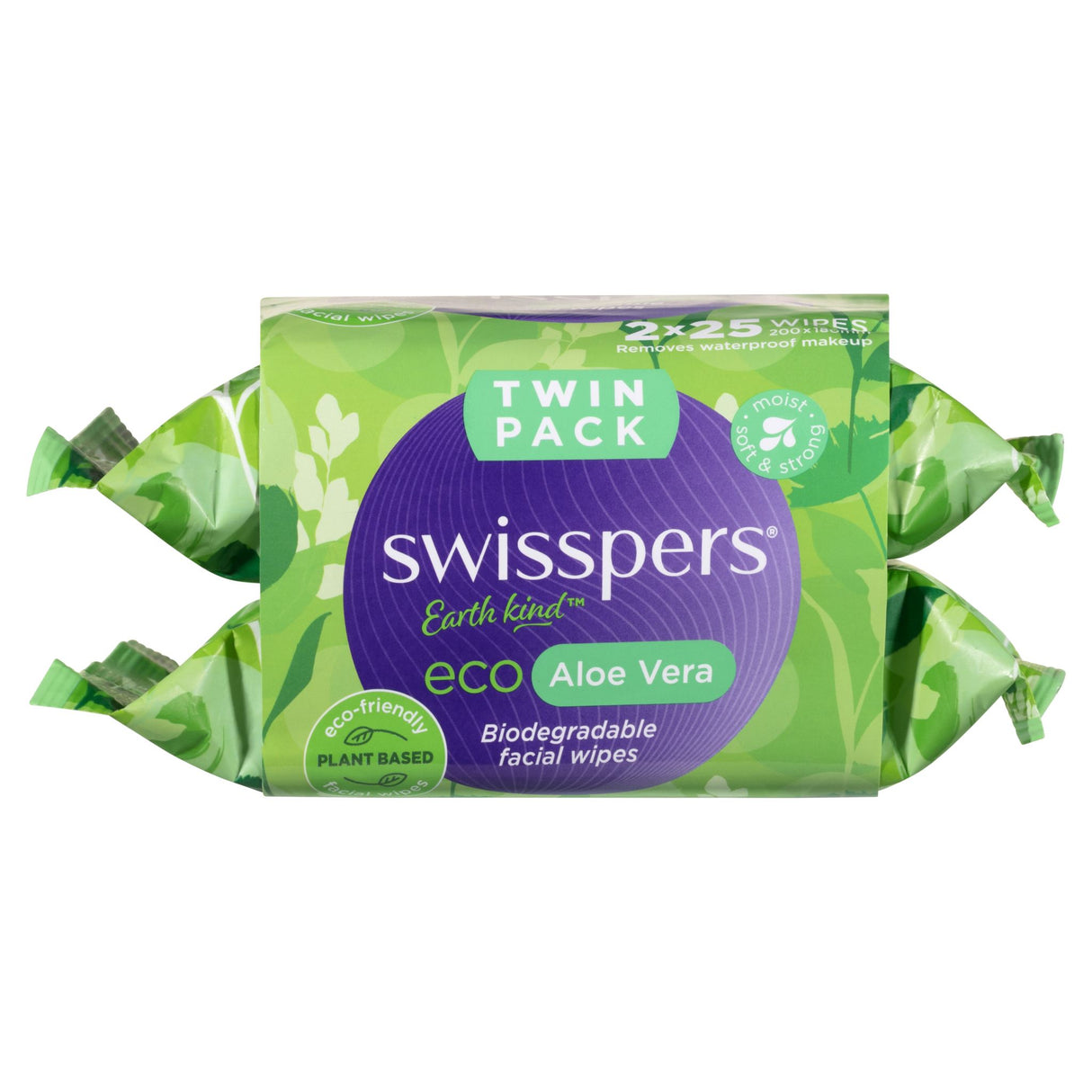Eco-friendly Swisspers Aloe Vera facial wipes in a twin 2x25 pack, perfect for soothing all skin types.