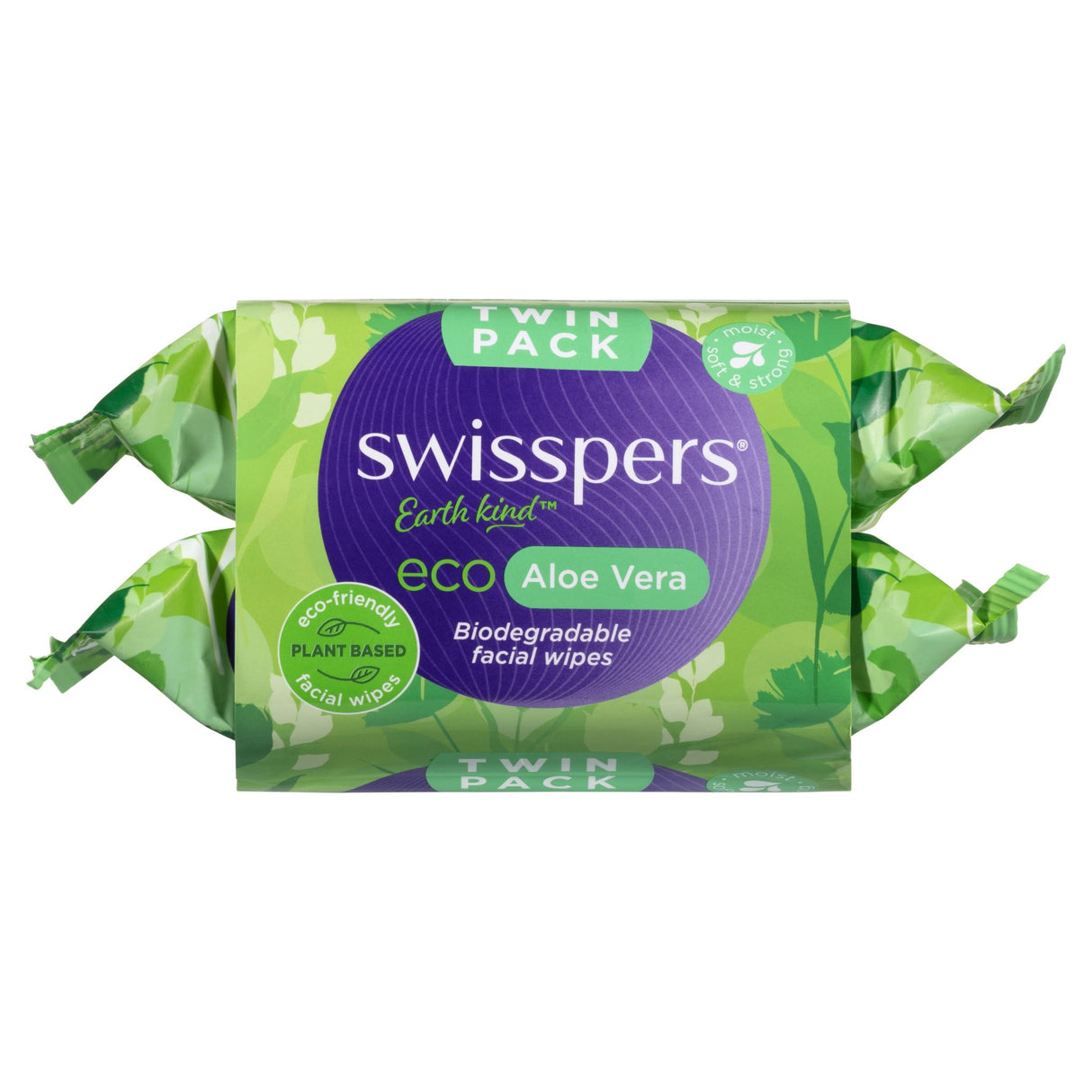 Swisspers Eco Aloe Vera Biodegradable Facial Wipes in a twin pack, perfect for gentle cleansing and eco-friendly skin care.