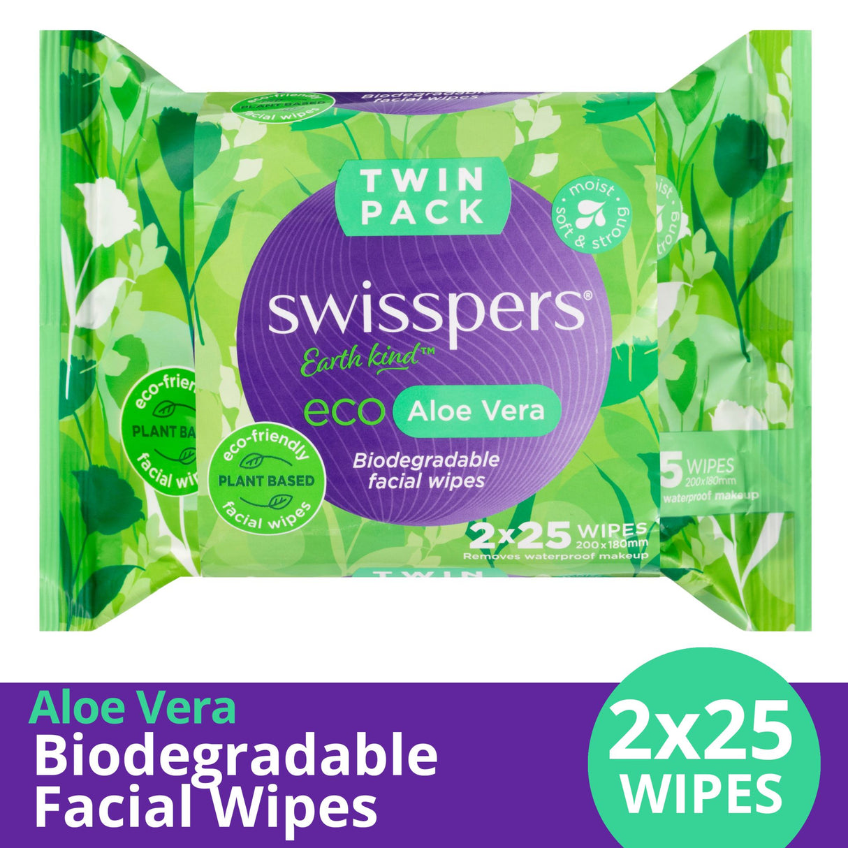Eco-friendly Swisspers Aloe Vera biodegradable facial wipes in a twin pack, gentle for all skin types, soothing and hydrating.