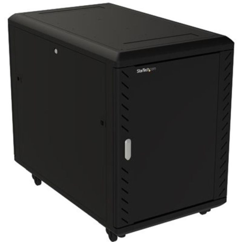 Startech 19 Inch 15U Server Rack Cabinet with glass door, 32-inch depth, locks, wheels, and adjustable mounting rails for secure storage.