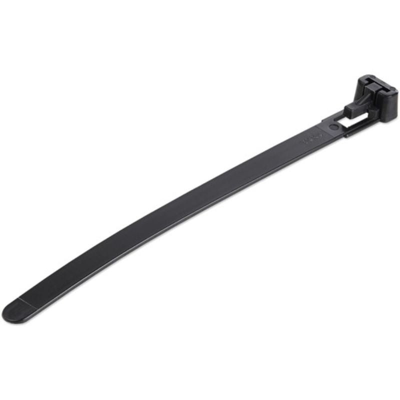 Black reusable cable ties, 12cm long, 7mm wide, 30mm bundle diameter, rated 22kg tensile strength, ideal for organizing cables.