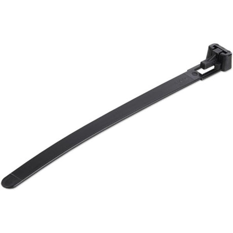 Black reusable cable ties, 12cm long, 7mm wide, 30mm bundle diameter, rated 22kg tensile strength, ideal for organizing cables.