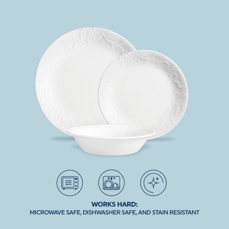 Corelle Bella Faenza 12pc Set featuring Italian vine-inspired design with raised textures, durable Vitrelle glass for elegant dining.