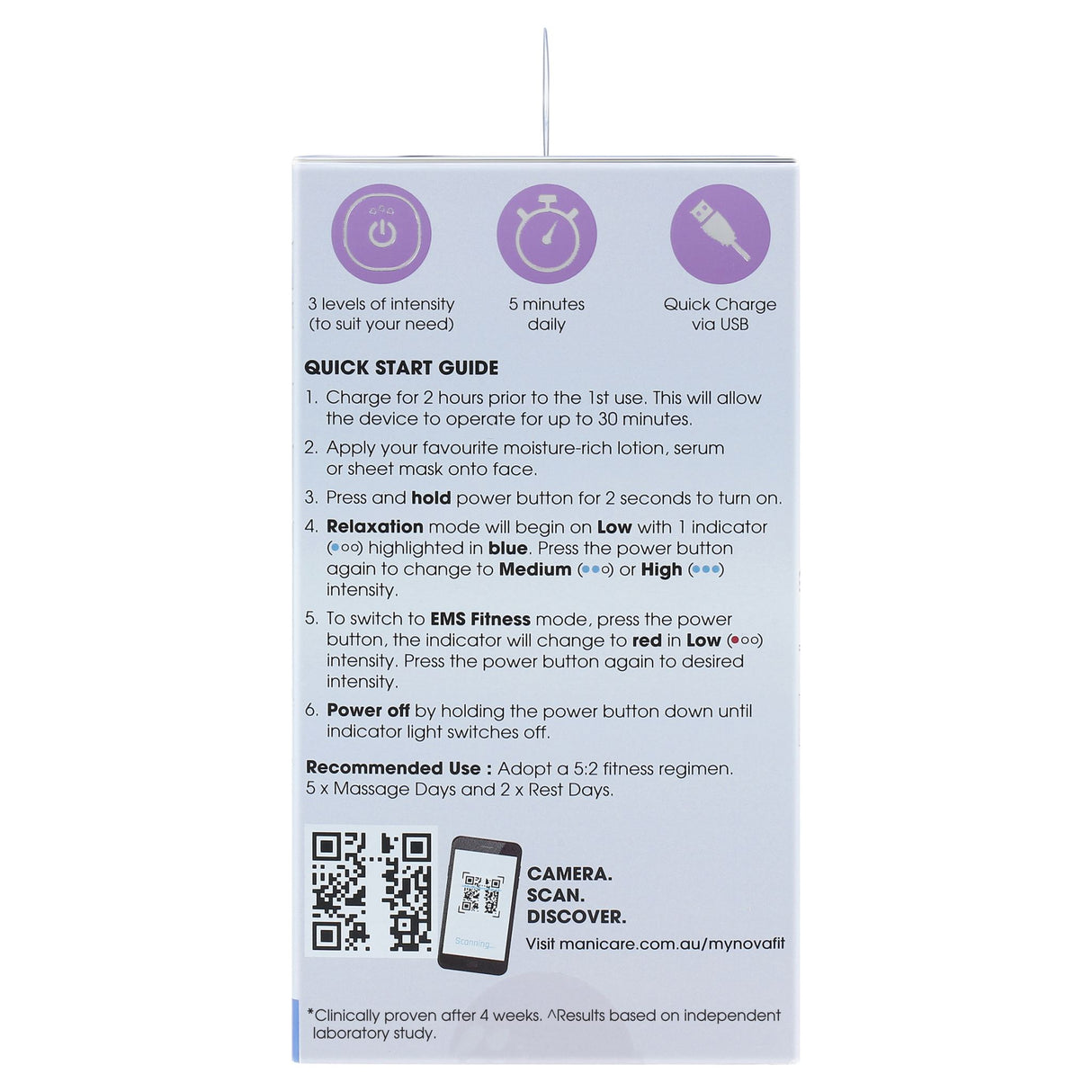 Manicare NOVA FIT® Face Massager with dual modes for relaxation and EMS fitness, enhances skin tone, firmness, and relaxation.