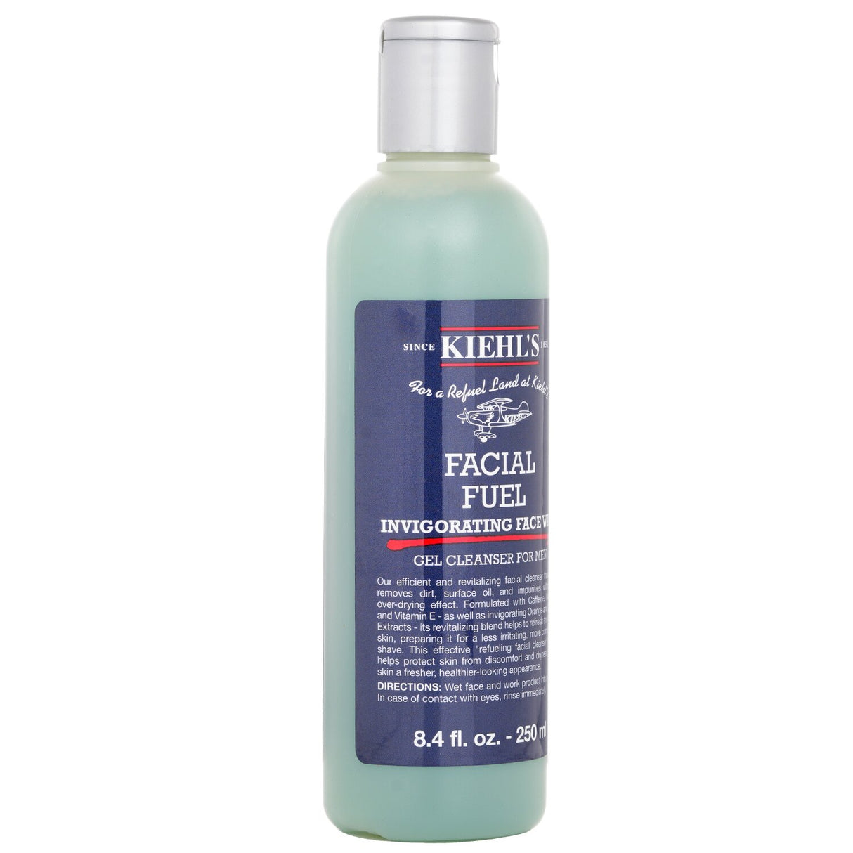 Kiehl's Facial Fuel Energizing Face Wash Gel Cleanser in a 250ml bottle, revitalizing skin with caffeine and citrus extracts.
