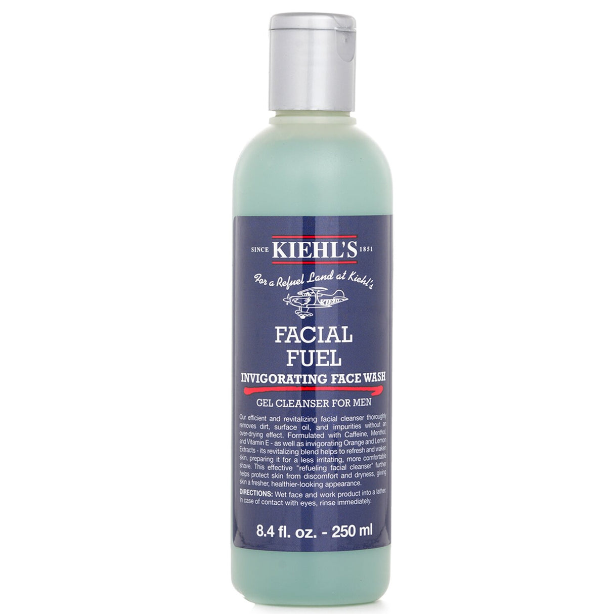 Kiehl's Facial Fuel Energizing Face Wash Gel Cleanser in a 250ml bottle, enriched with caffeine and natural extracts for fresh skin.