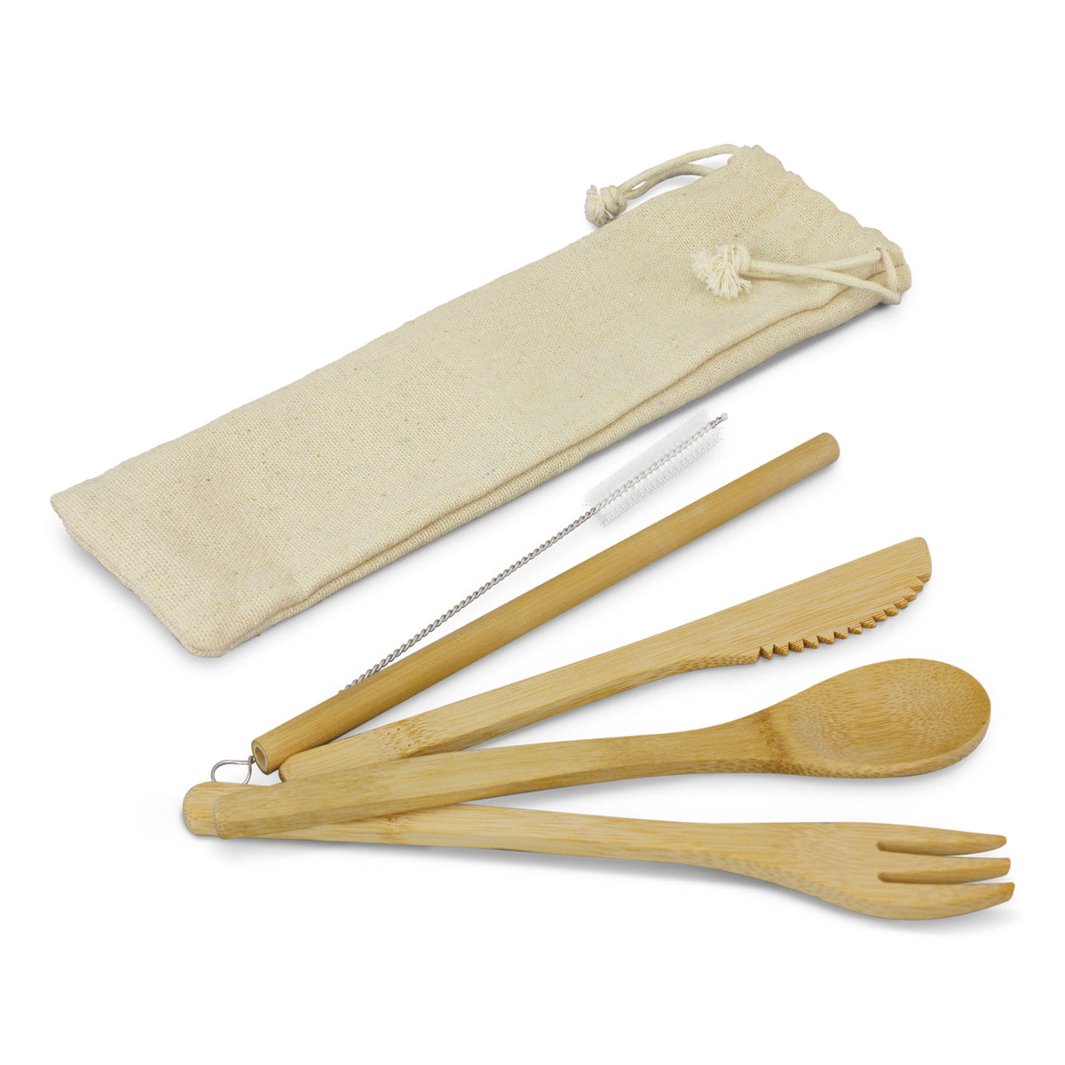 Bamboo Cutlery Set With Straw & Cotton Pouch - Pack of 25