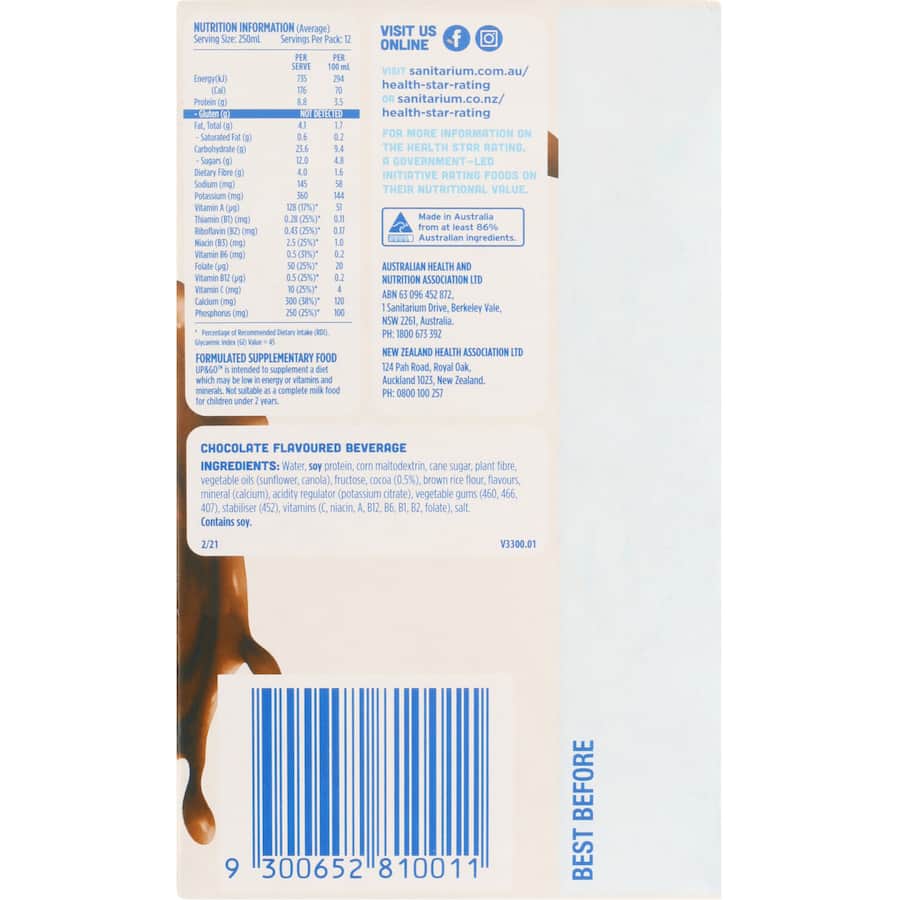 Sanitarium Up & Go Liquid Breakfast Dairy Free Choc Ice Fridge 12pk 250mL