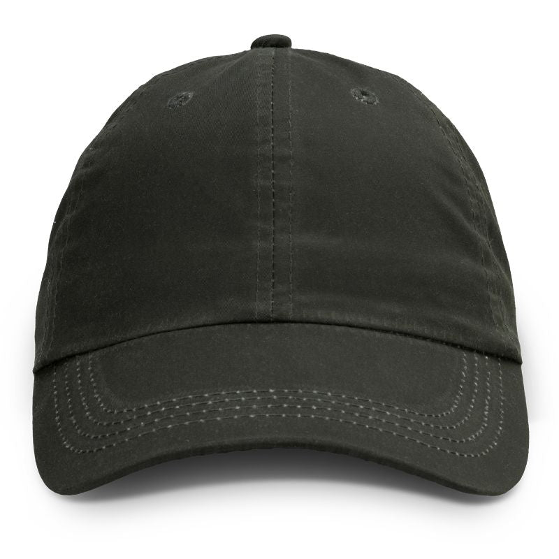 Premium waterproof dark olive cap with 6 panels, pre-curved peak, and adjustable buckle for outdoor style and comfort.