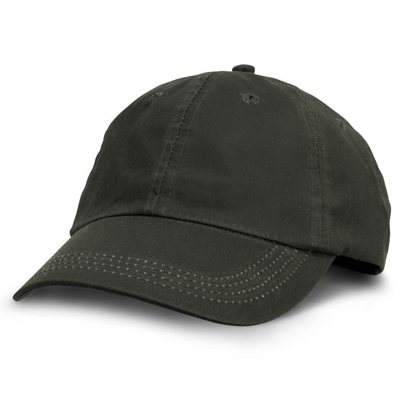 Premium dark olive cap with 6 panels, waterproof wax finish, adjustable buckle, and pre-curved peak for outdoor style and comfort.