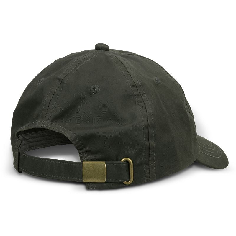 Premium dark olive cap with waterproof cotton fabric, 6-panel structure, pre-curved peak, and adjustable buckle for a custom fit.