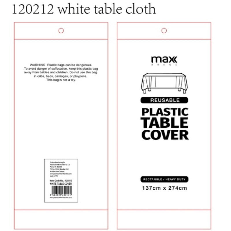Pack of 12 white plastic table cloths, 137x274cm, perfect for stylish dining at events and easy clean-up.