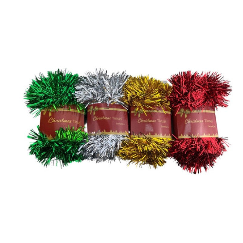 Vibrant 6Ply tinsel strips, 9cm x 2m each, pack of 12, perfect for festive decorating and creative crafts.