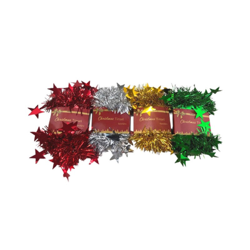 Colorful tinsel with stars, 5cm wide and 2m long, perfect for festive decorations; pack of 12 for versatile holiday use.
