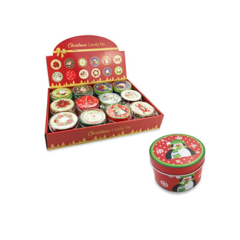 Festive pack of 12 round Christmas candy tins, 75 mm diameter, perfect for holiday gifts and treat storage.
