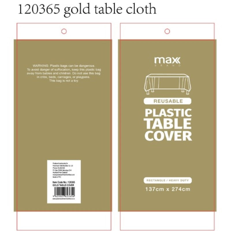 Elegant gold plastic table cloths measuring 137x274cm, perfect for events, parties, and easy cleanup. Pack of 12.