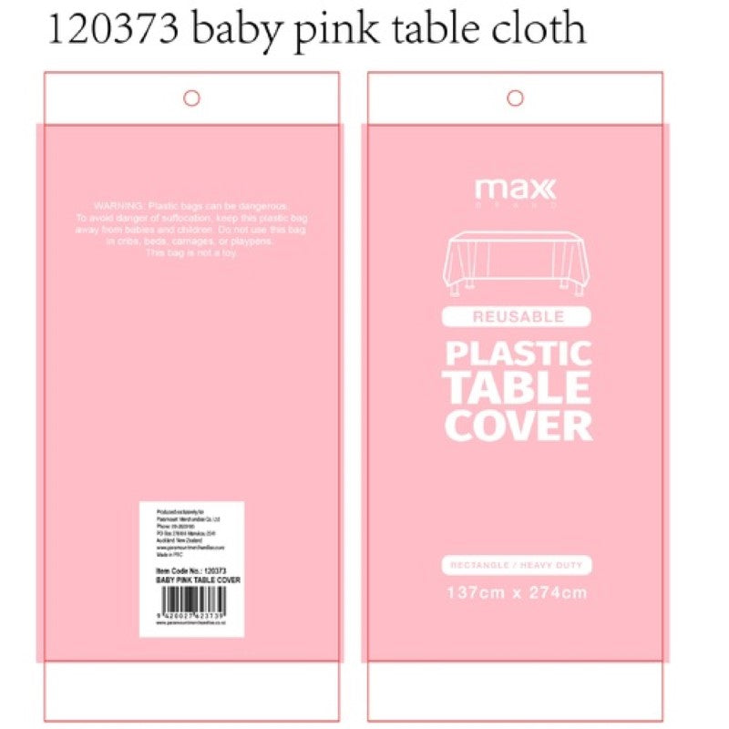 Pack of 12 baby pink plastic tablecloths (137x274cm) for elegant, mess-free dining at parties and gatherings.