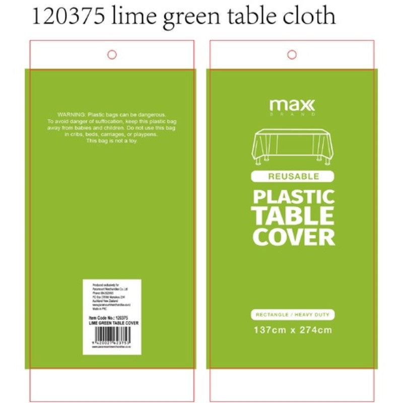 Lime green plastic tablecloths, 137x274cm, pack of 12, ideal for vibrant events and easy cleanup.