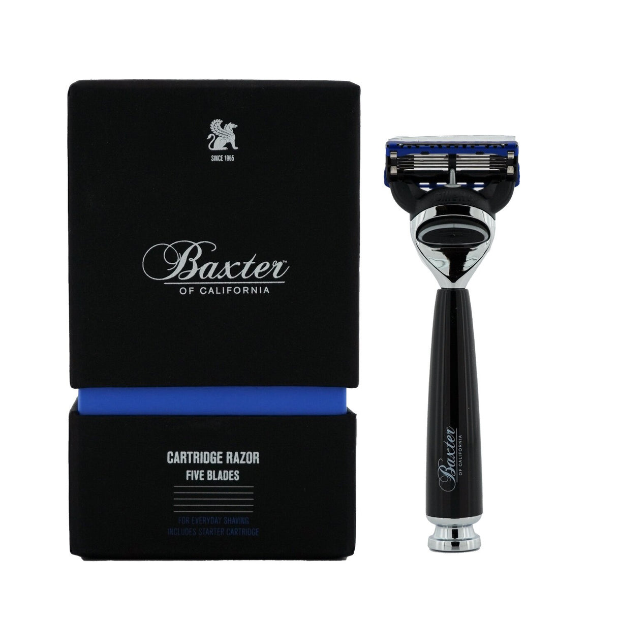 Baxter Of California Five Blades Cartridge Razor, multi-blade design, gel strip for comfort, and lightweight resin handle.