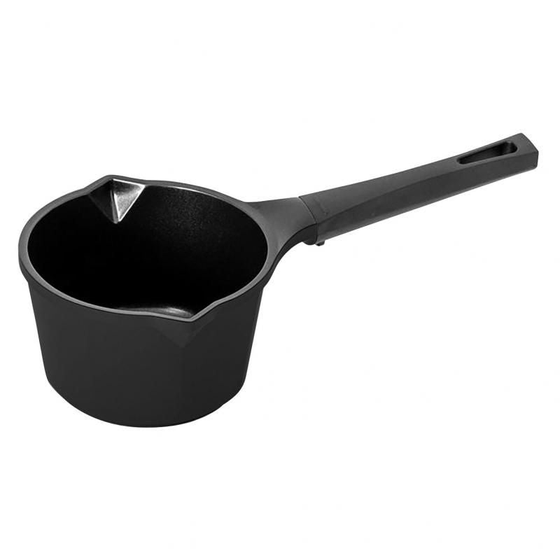 Avanti 14cm black mini milk pan with ergonomic handle, non-stick coating, suitable for all heat sources.