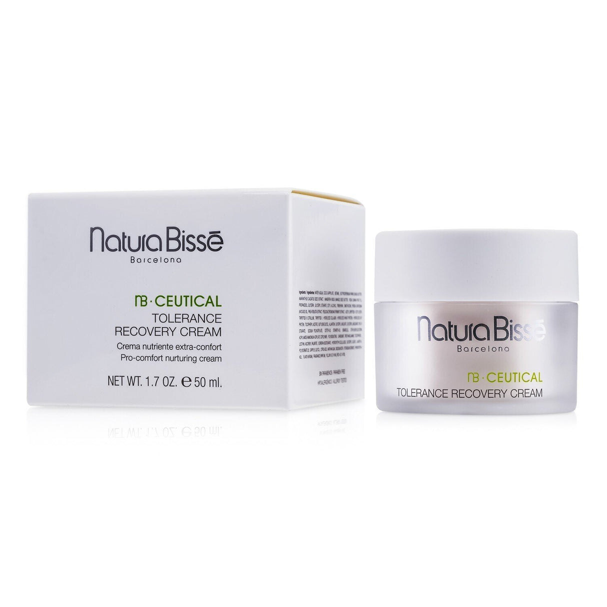 Natura Bisse NB Ceutical Tolerance Recovery Cream in a 50ml jar, designed for soothing and revitalizing sensitive skin.