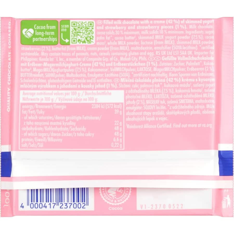 Ritter Sport Chocolate Bar Milk Choc Strawberry Yoghurt 100g