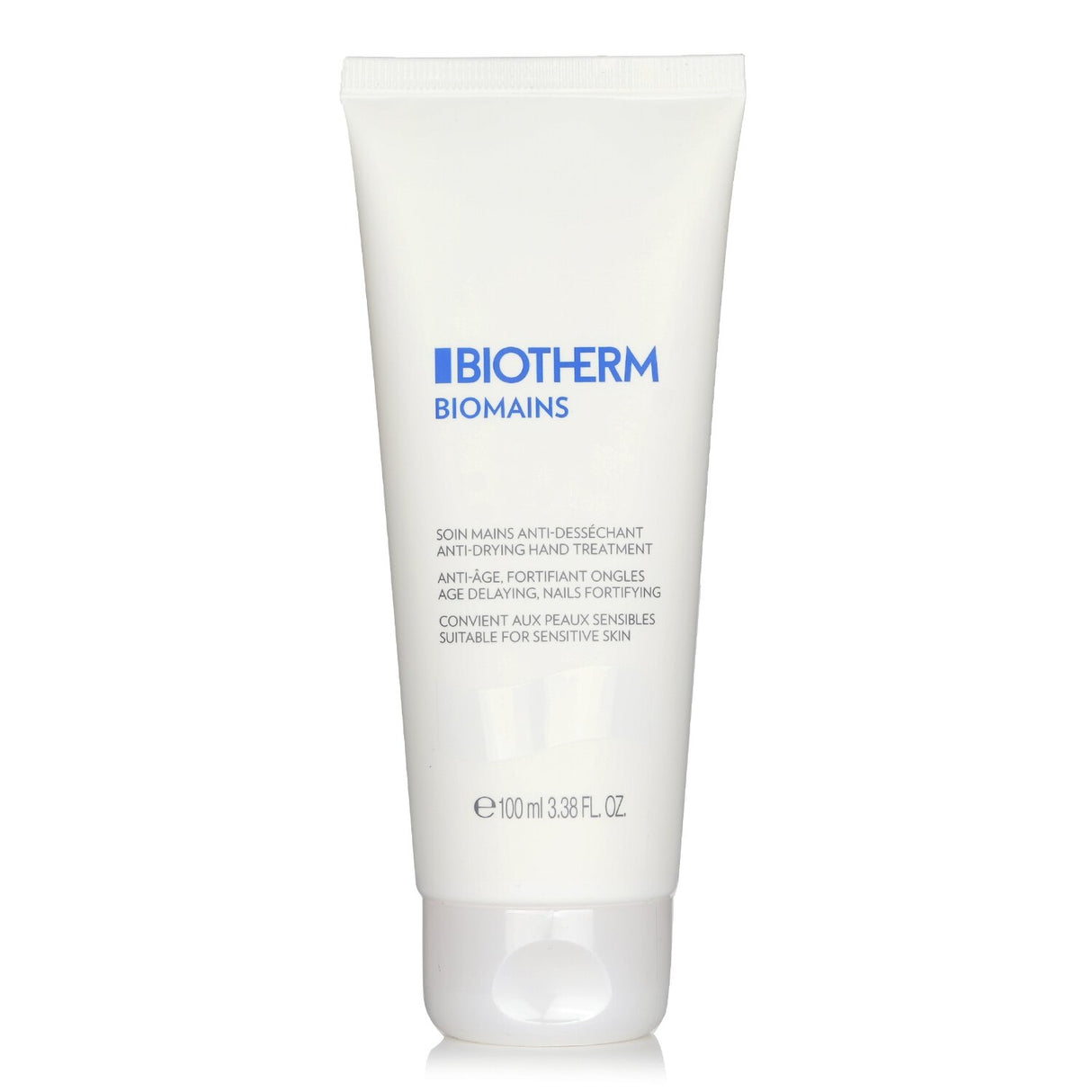 Biotherm Biomains hand cream in a 100ml tube, revitalizing age-delayed treatment for youthful hands and nails.