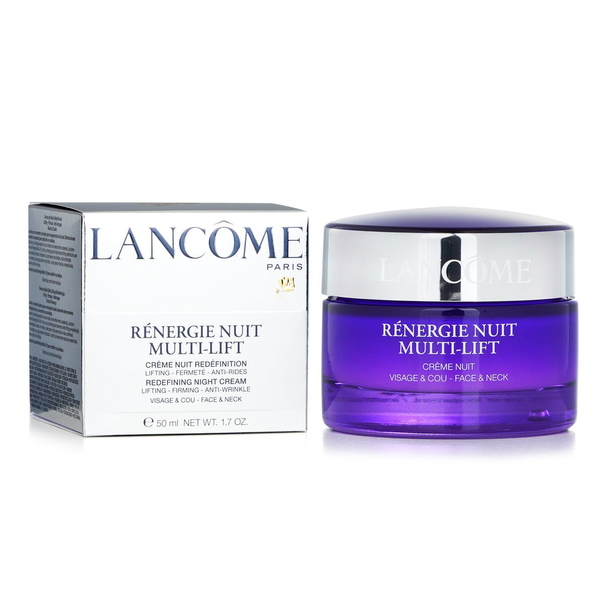 Luxurious Lancome Renergie Multi-Lift Night Cream in 50ml jar, anti-aging with MT Technology for firmer, youthful skin.
