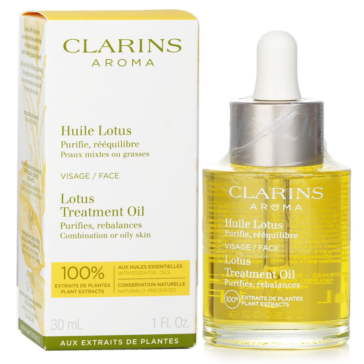 Clarins Face Treatment Oil - Lotus for oily/combination skin, 30ml, nourishes and balances, tightens pores, absorbs quickly.
