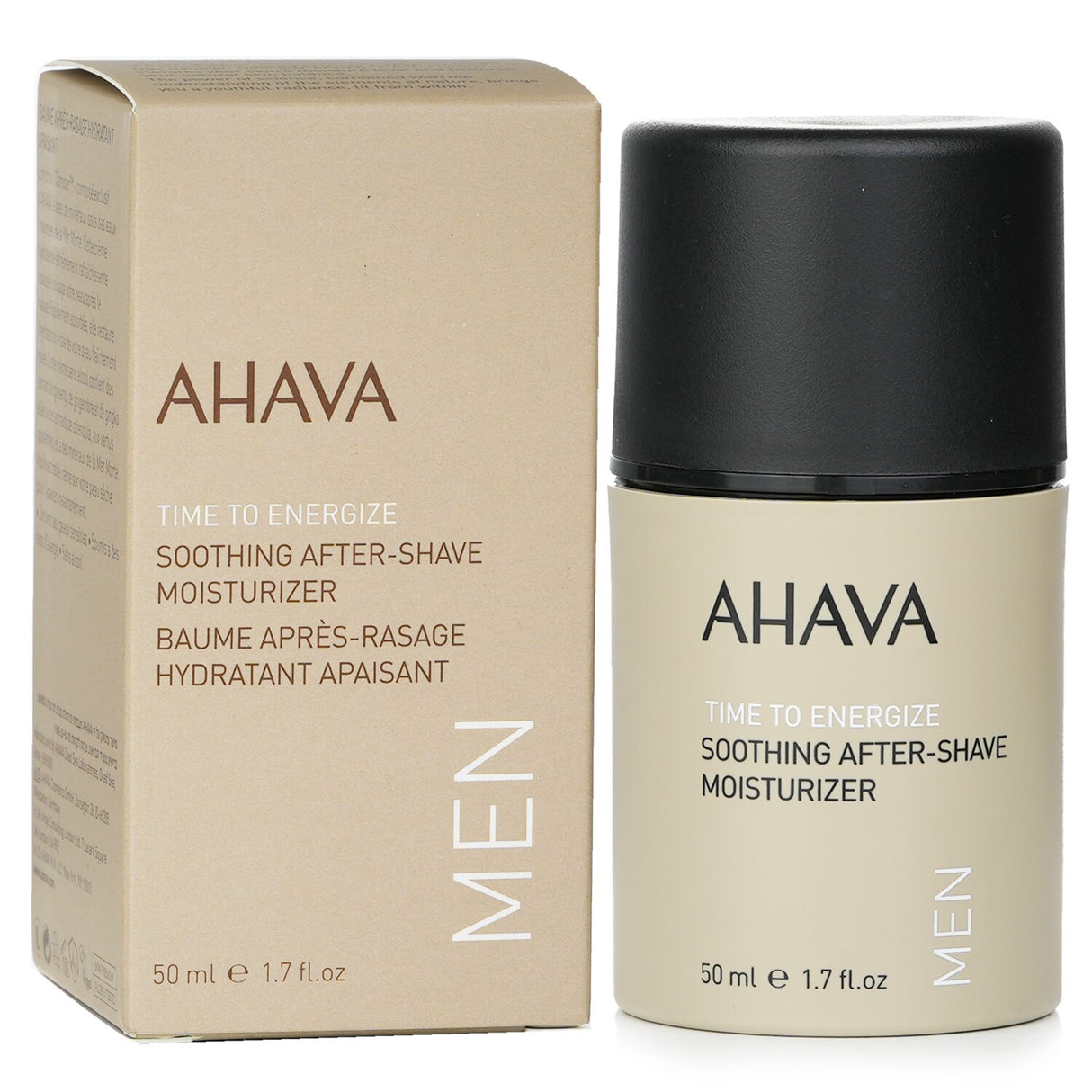 Ahava's Time To Energize After-Shave Moisturizer, a 50ml cream, soothes and hydrates skin post-shave for a calm, smooth feel.