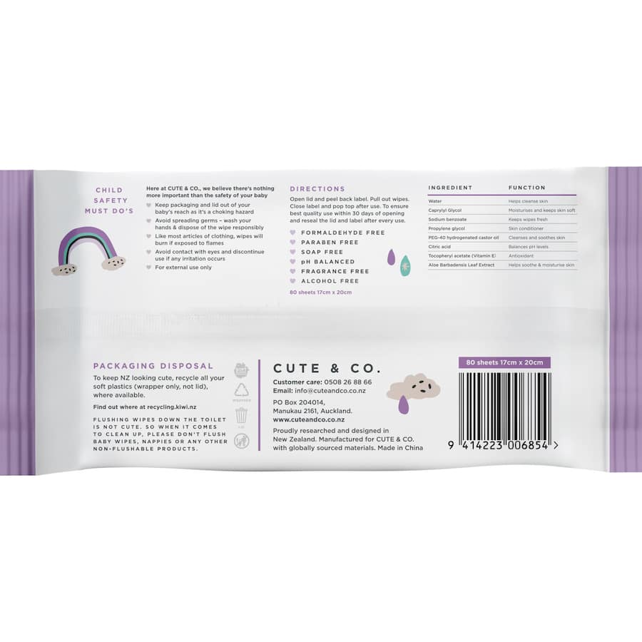 Cute & Co Baby Wipes Fragrance Free 80pack