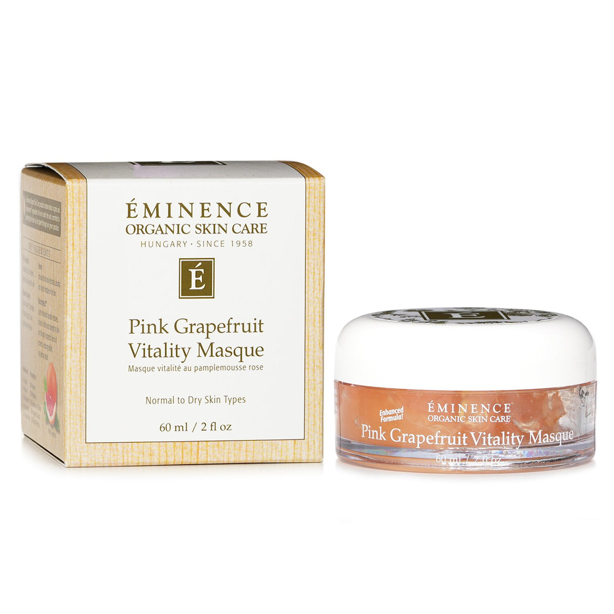 Eminence Pink Grapefruit Vitality Masque for normal to dry skin, enriched with vitamin C, honey, and mandarin for rejuvenation.