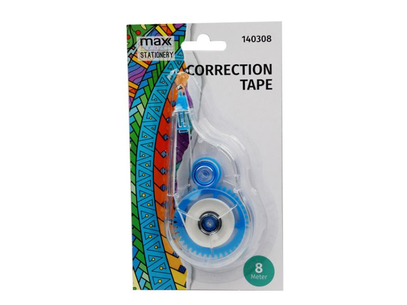 Max Brand Correction Tape pack of 12 units, 8 metres each, ensures mess-free, precise corrections for all writing projects.