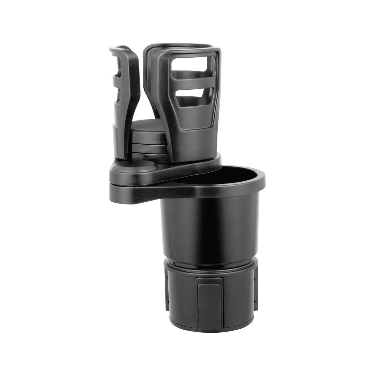 Avanti Multi Function Car Cup Holder, expandable for bottles 73mm to 150mm, durable black plastic, prevents spills.
