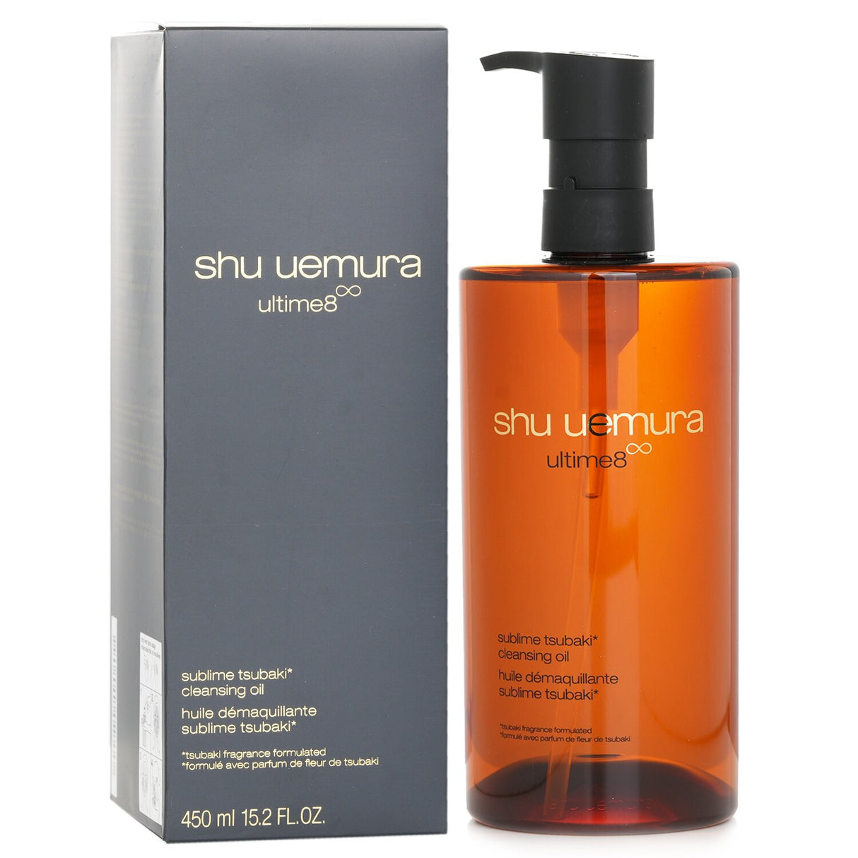 Shu Uemura Ultime8 Tsubaki Cleansing Oil, 450ml; premium oil removes makeup, hydrates, and revitalizes for luminous skin.