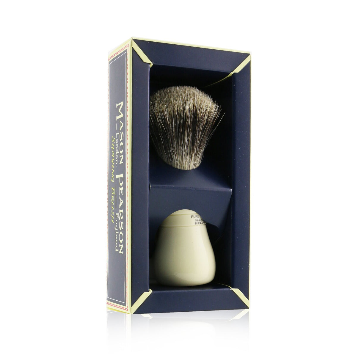 Mason Pearson Pure Badger Shaving Brush with elegant handle, ultra-soft tips for rich foam, perfect for sensitive skin.