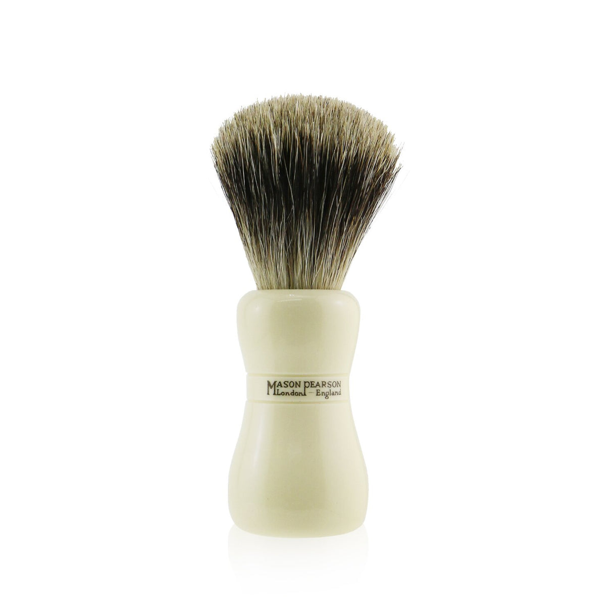Mason Pearson Pure Badger Shaving Brush with soft tips and curved handle for a luxurious grooming experience.